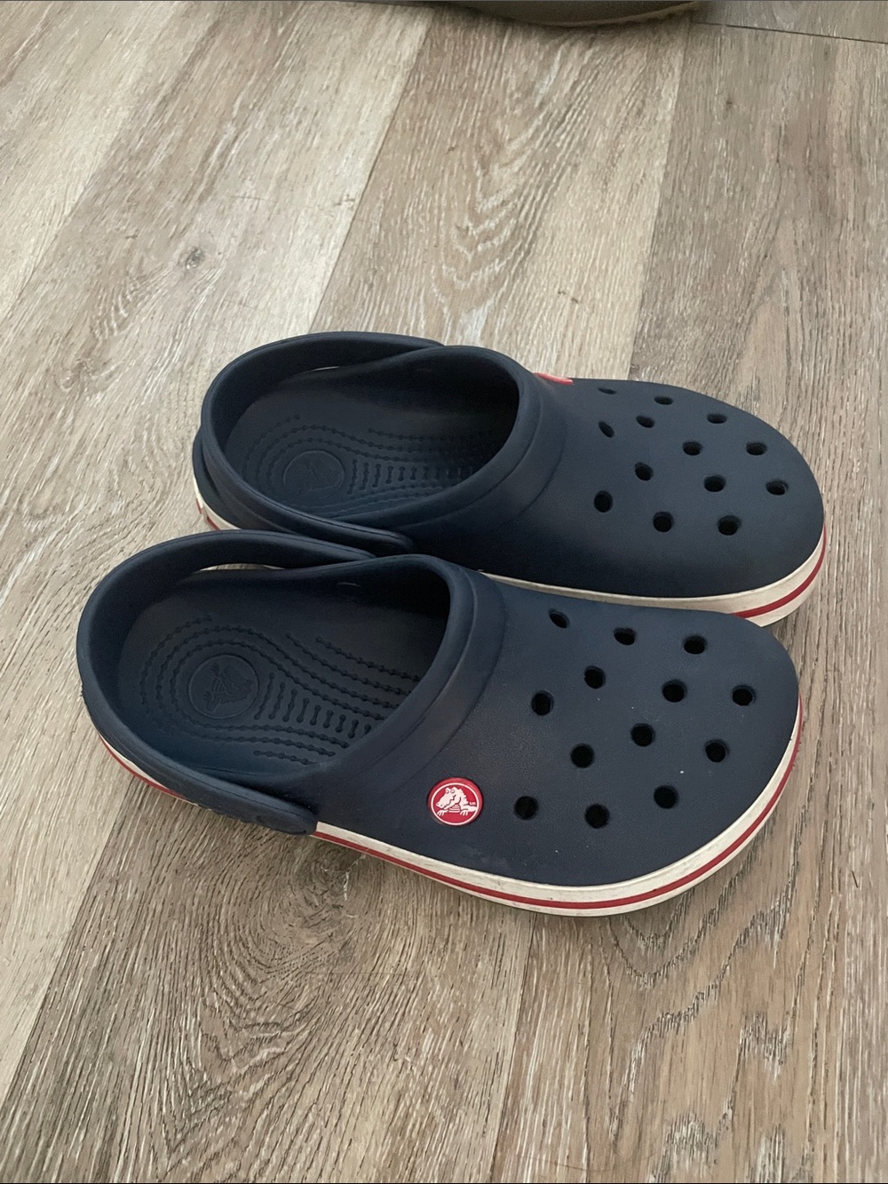 CROCS Kids Navy Clogs with Red and White Trim